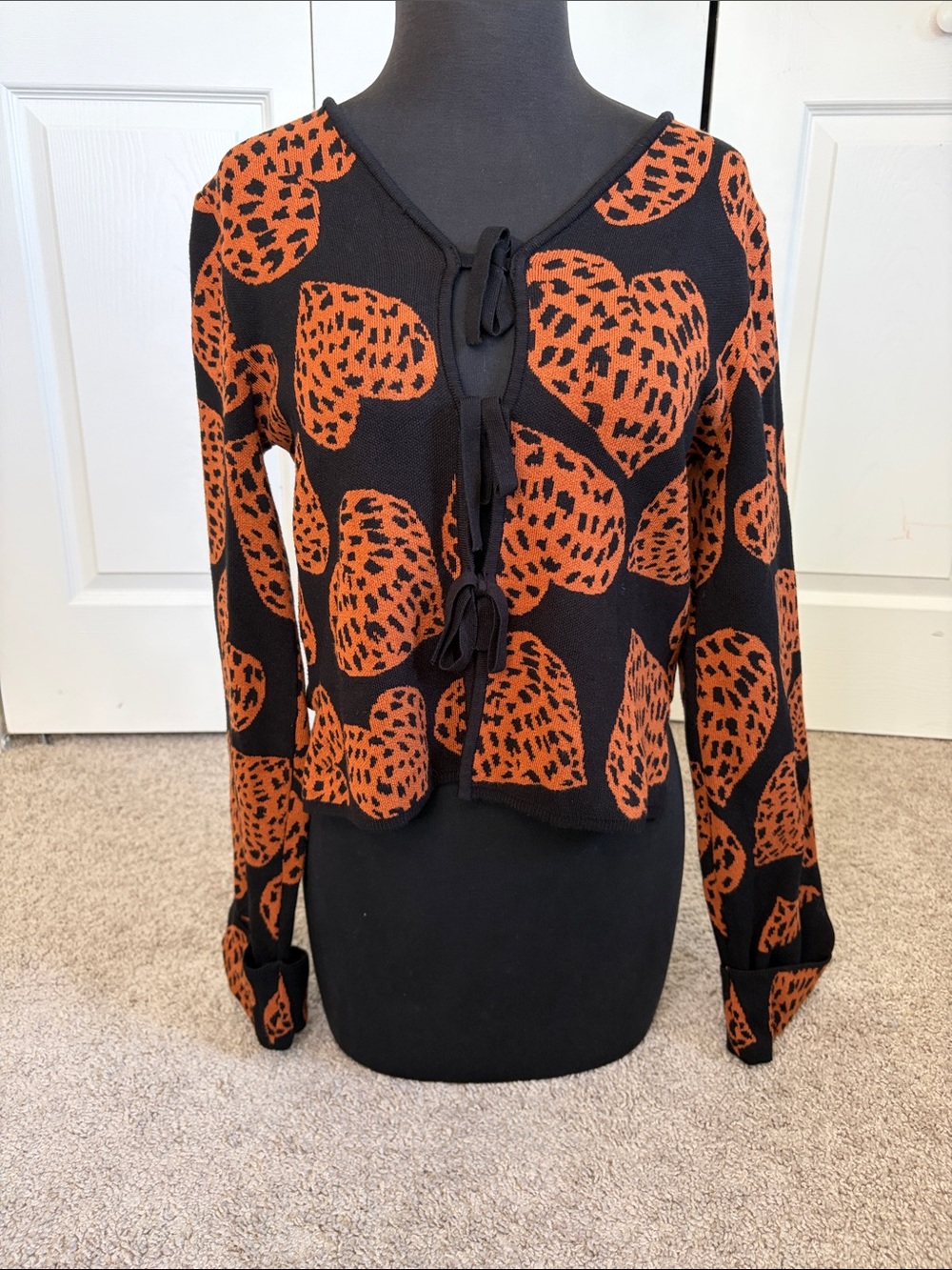 Farm Rio Leopard Hearts Tie-Front Open Black Brown Long Sleeve Cardigan XS